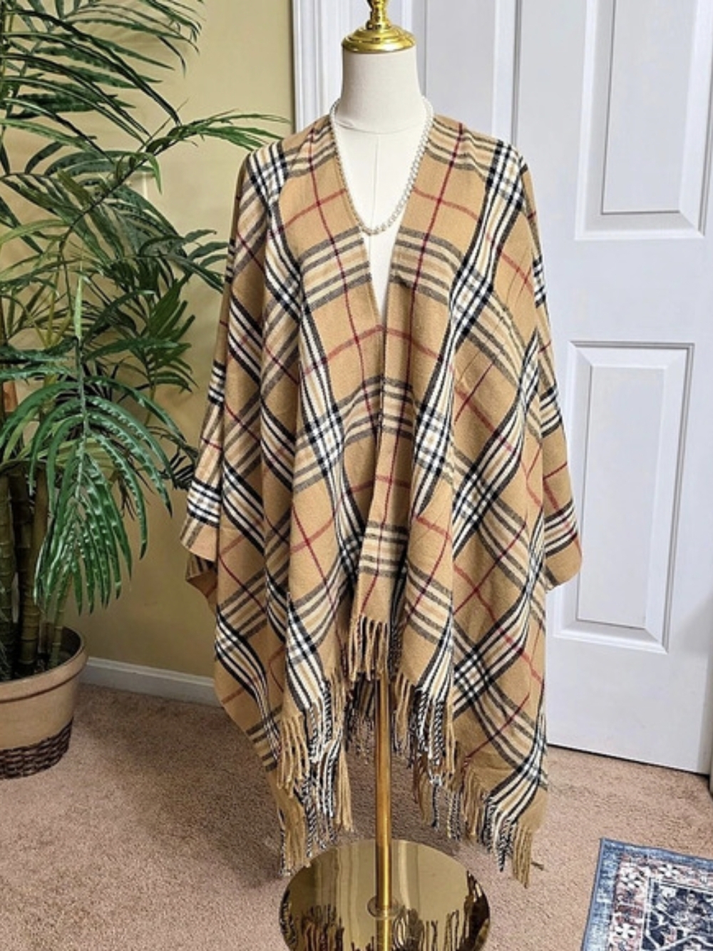 Plaid Fringe Wrap in Brown & Red ONE SIZE